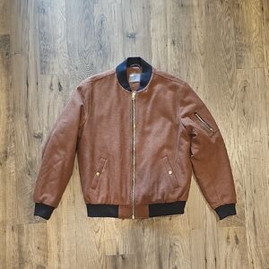 ASOS Brown Wool Blend Bomber Jacket with Navy Blue Accents